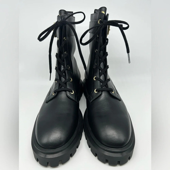 Stuart Weitzman Ultra Lug Black Combat boots Gold Buckles  size 10.5  new - Picture 2 of 14